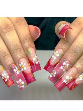 Nails Cherry Blossom 24 Press On Fake Stylish Glam Flowers Trendy Reusable Sexy